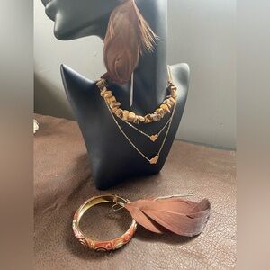Gold Tone Layered Heart and Jasper Chip Bead Necklaces, hinged bracelet
